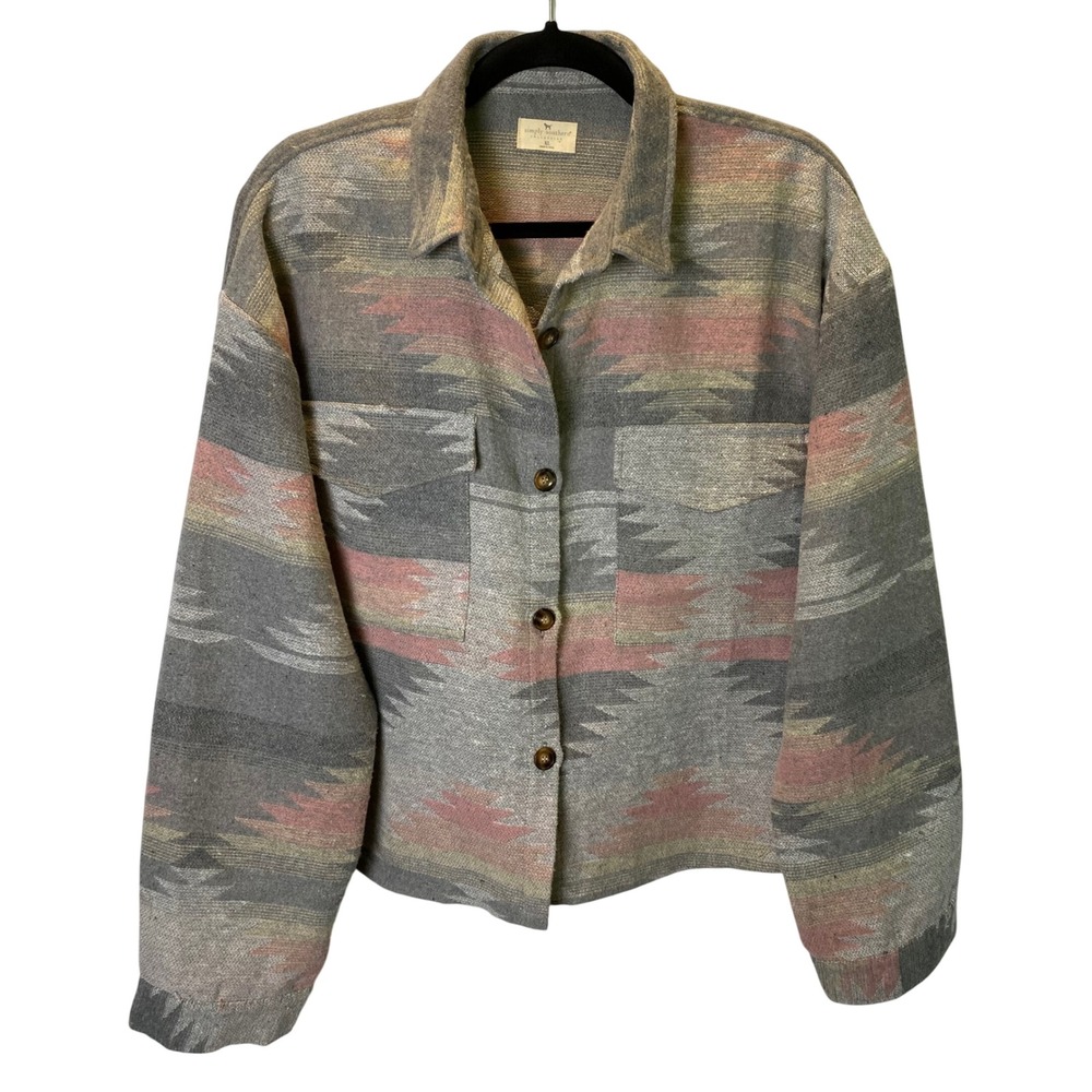 Simply Southern Aztec Shacket Women XL Grey Pink Southwestern Crop Jacket Boho